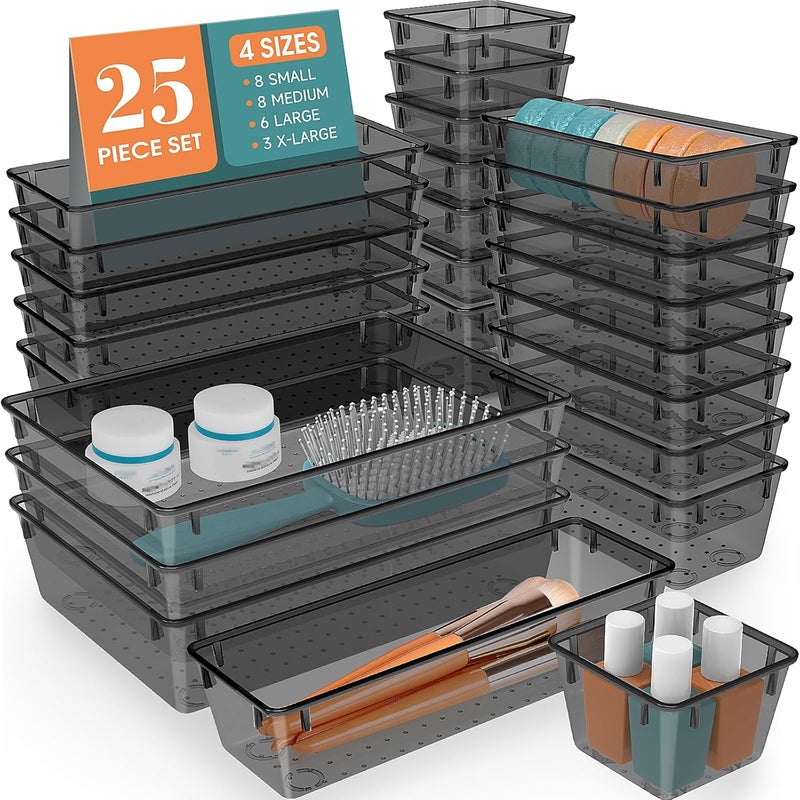 WOWBOX 25 PCS Plastic Drawer Organizer Set, Desk Drawer Divider Organizers and Storage Bins for Makeup, Jewelry, Gadgets for Kitchen, Bedroom, Bathroom, Office, Black - Image 1